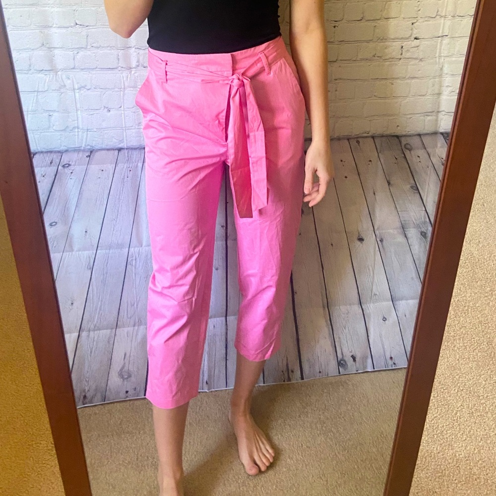 NWT Zara pink 100% cotton cropped pants with a waist tie